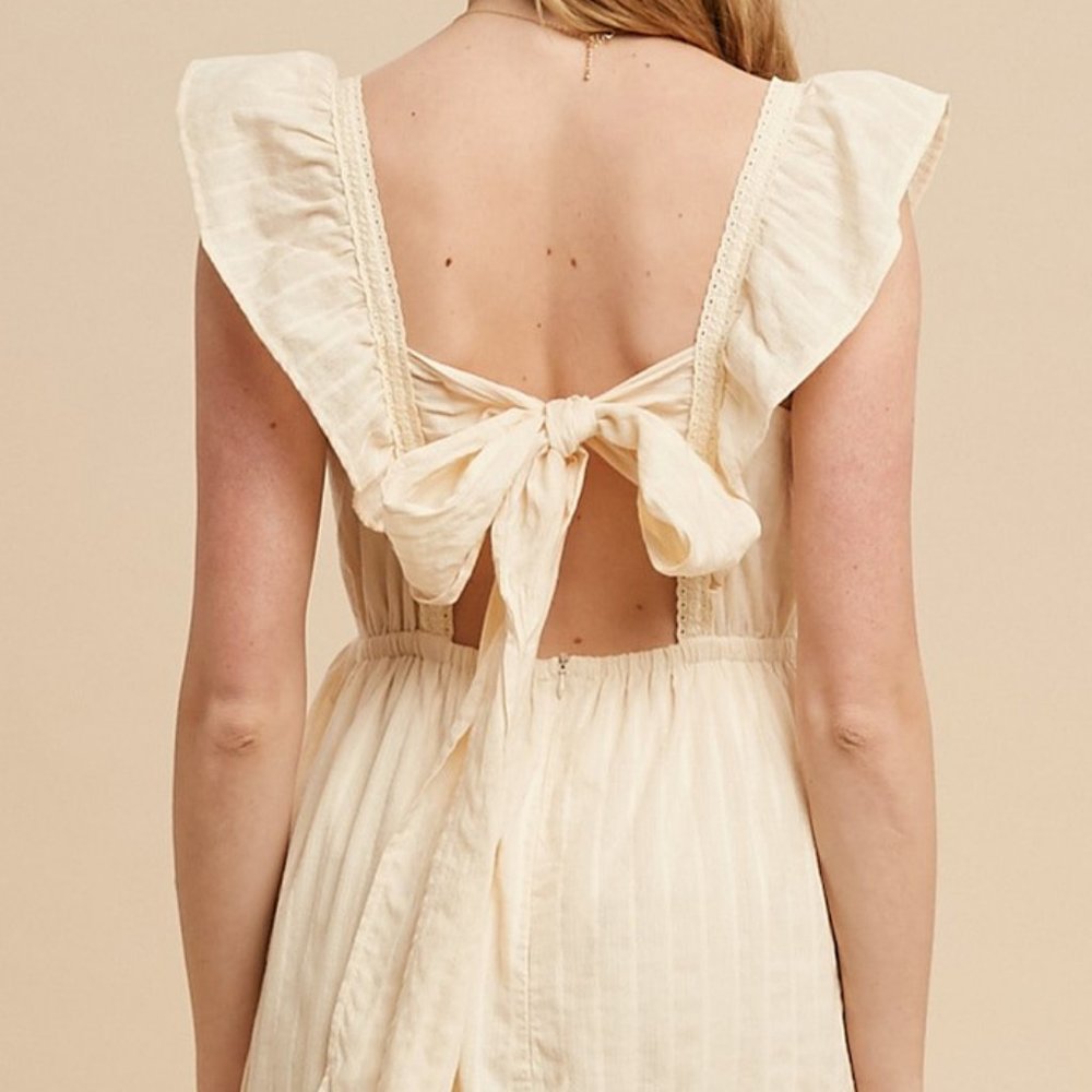 NEW Cream Apron Ruffle Square Neck Floral Embroidered Tie Back Cotton Midi Dress - Picture 8 of 12